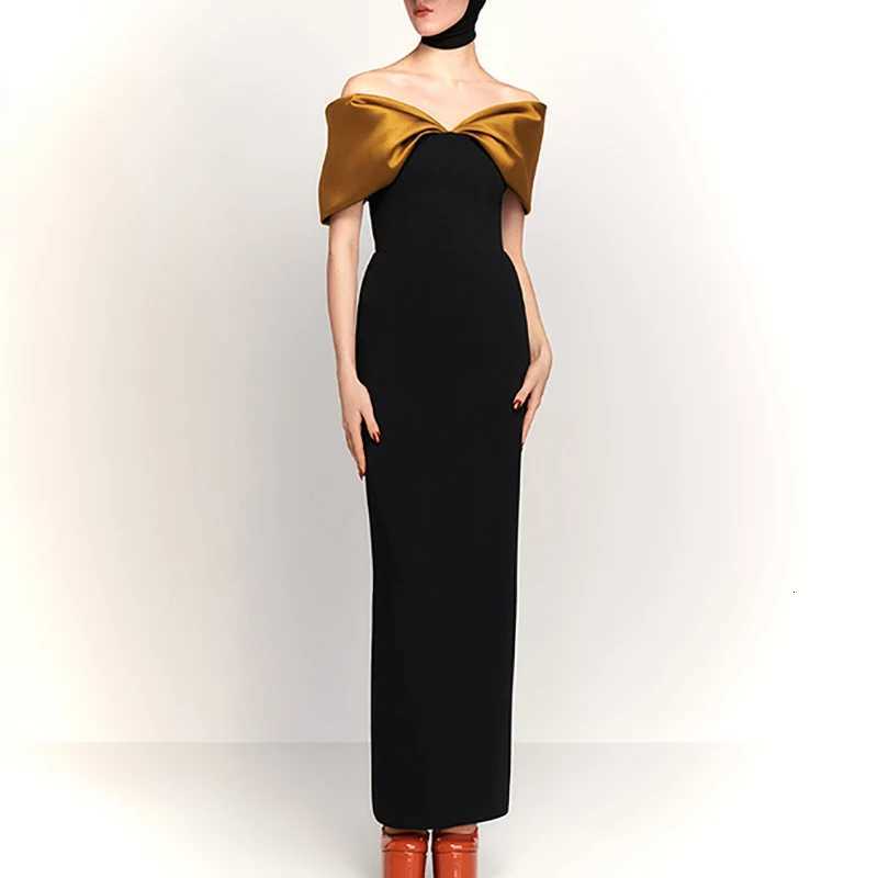 Fashion Color Blocked Splicing Evening Dress Off Shoulder Solid Slim Long Dress for Women Casual Short Sleeve Party Dresses XJ250722