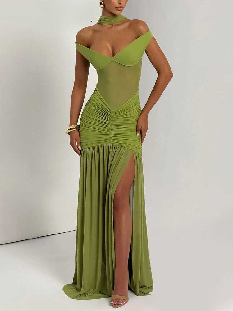 Mozision Off-shoulder Backless Sexy Maxi Dress Women Gown Halter Sleeveless Backless Thigh High Split Club Party Long Dress XJ250722