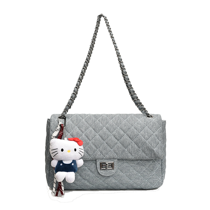 Dia Pattern Denim Shoulder Bag, Fashionable Chain Cross Body Handbag, Large Capacity dh1899503