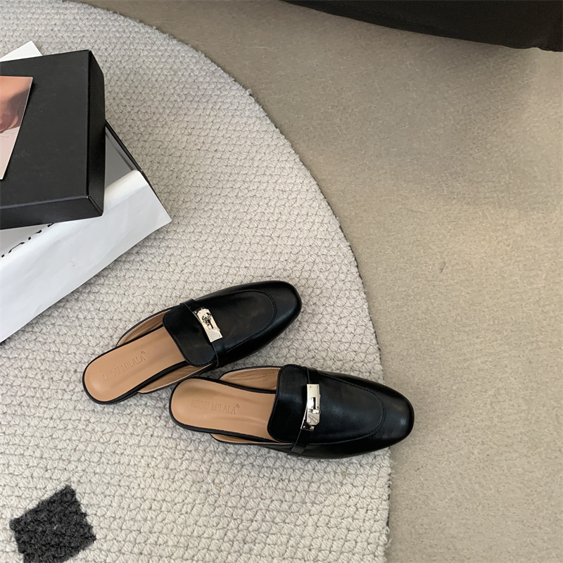 French cowhide sandals toe semi-slippers women's wears spring and summer lazy casual one-footed muller commuter shoes2025