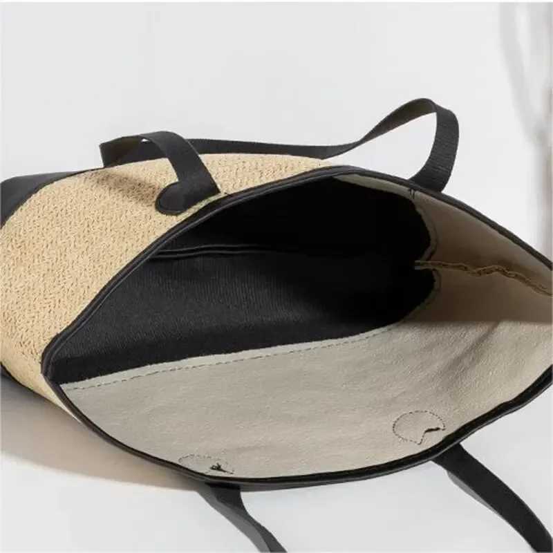 FAshion Pu Leather Weave StrAW Tote Bag Trendy Shoulder Bag PaTChwork Color Beach Handbags Large Capacity Raffia Bag Y250730