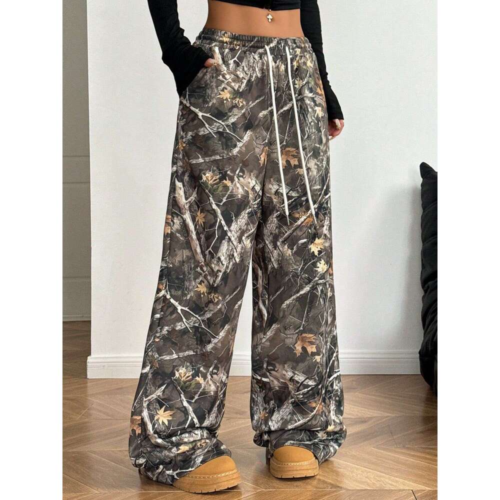 American Style Youth Women's Fashion Casual Elastic Waist Camouflage Print Slimming Wide-Leg Floor-Length Pants B5