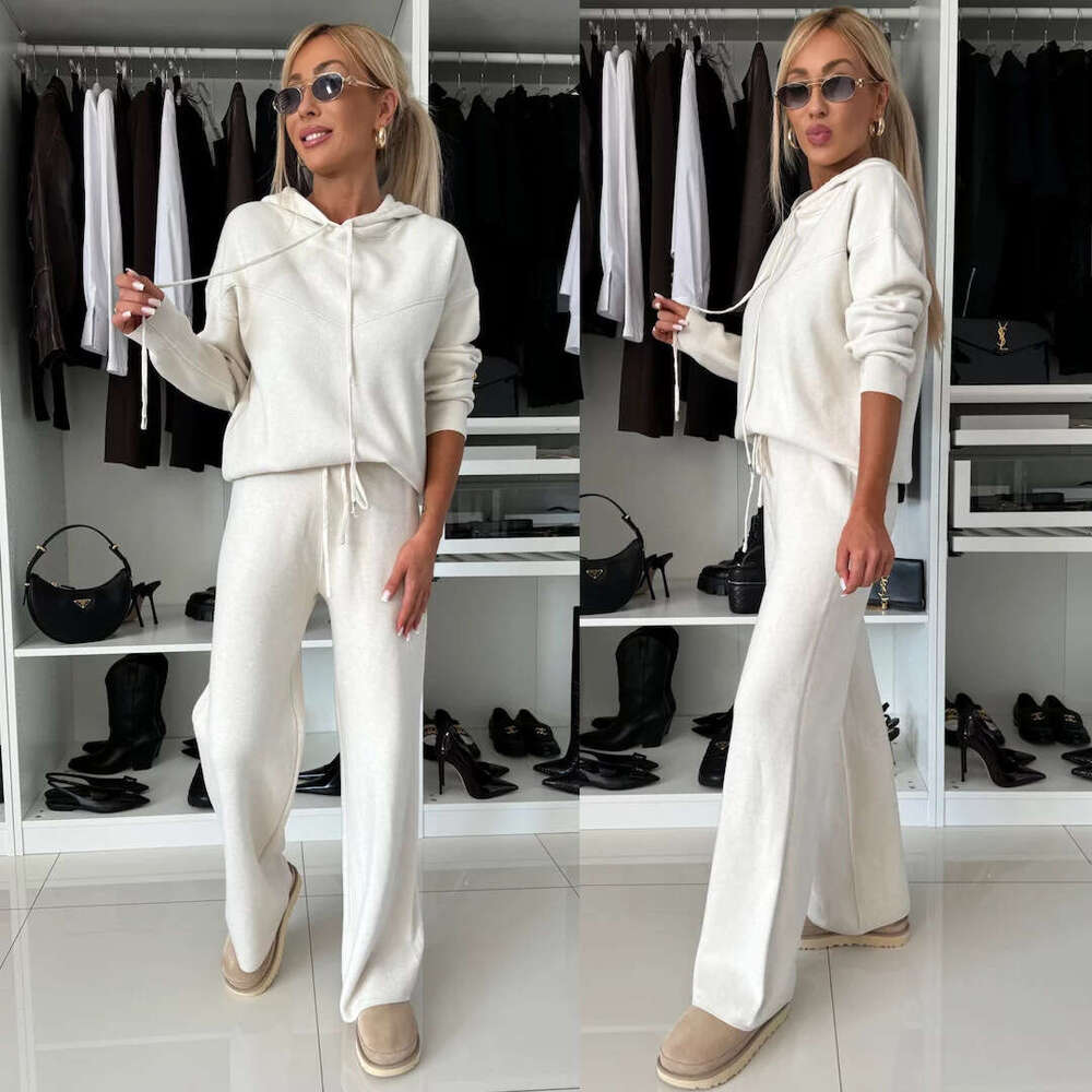 Autumn Winter New Casual Suit Women Solid Color Hooded Long Sleeve Sweatshirt Drawstring Wide Leg Pants Two-Piece Set B5