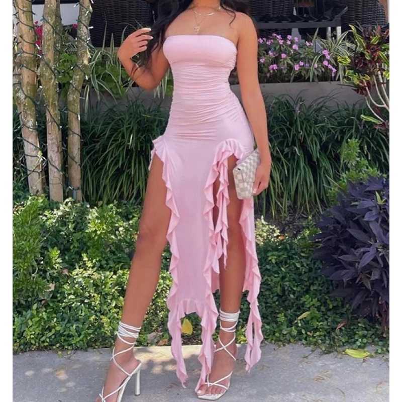 2024 Women Strapless Sexy Floral Fold Hemline High Slit Mini Dress Solid Backless Sleeveless Black And Pink Party Dress Vestidos XJ250722
