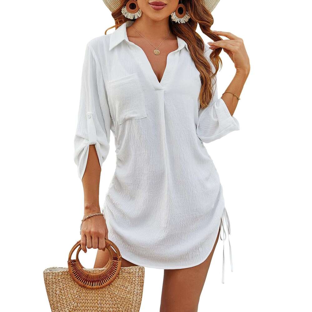 TK Women's Swimsuit Bikini Cover-Up Drawstring Beach Dress Shirt B5