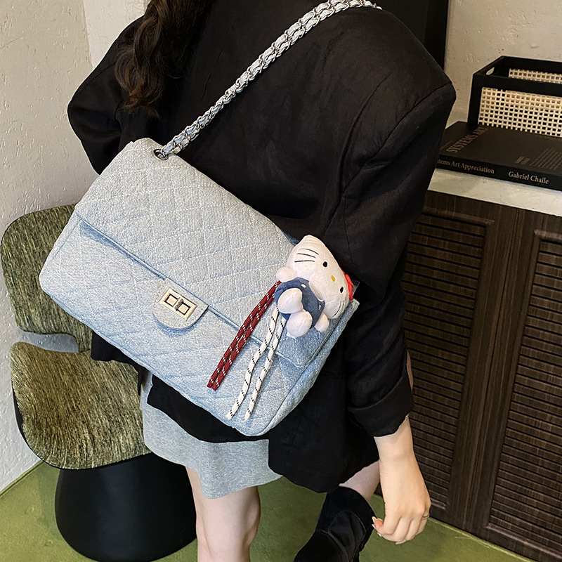 Dia Pattern Denim Shoulder Bag, Fashionable Chain Cross Body Handbag, Large Capacity dh1899503