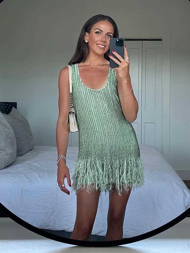 Sexy Sequin Tassel Mini Dress Women Sleeveless O-neck Feather Fe Party Dresses 2025 Summer New Vacation Beach Lady Gown XJ250722
