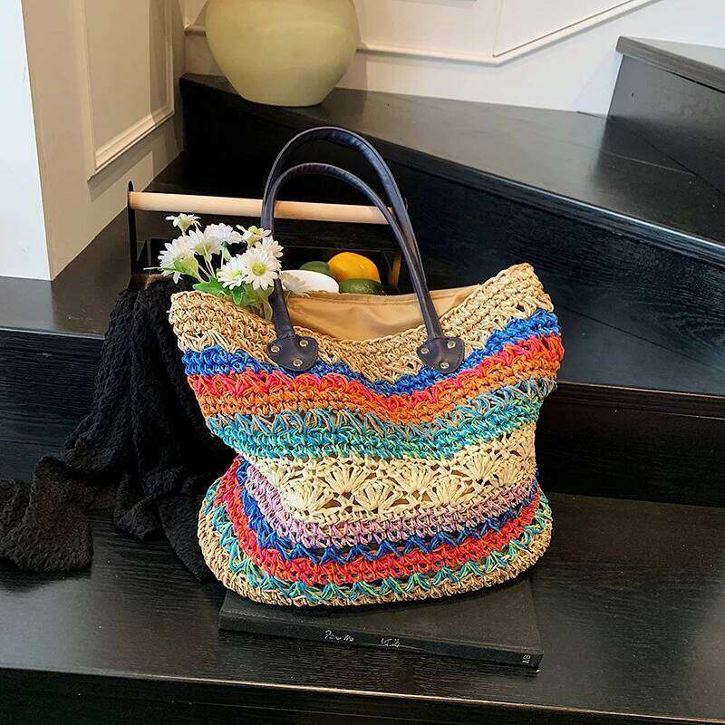 2025 New Fashion Summer Beach Vintage Woven Straw Handbag Rainbow Color Female Shoulder Vacation Tote Bag