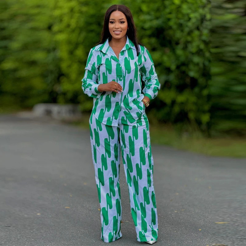 African Fashion Women Two Piece Set Stripe Printed Autumn Casual Button Long Sleeved Shirt Wide Leg Pants Two Piece Set Women 250714