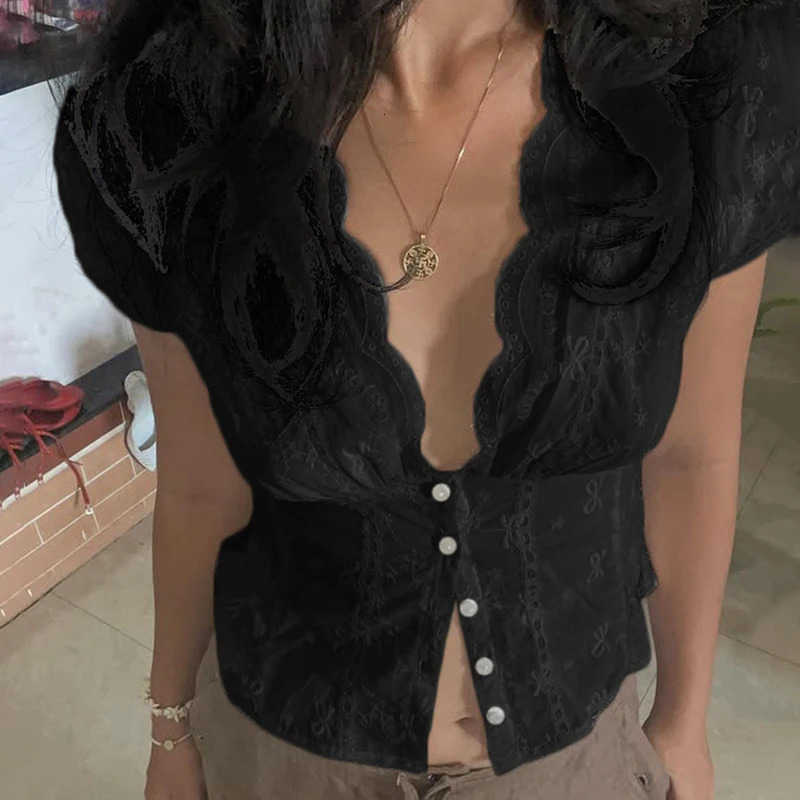 Darlingaga Y2K Bow Textured Waist Cinching Shirts Women Summer Puff Sleeve VNeck Cardigan Tops Cutecore ButtonFly Girls Blouse 250717
