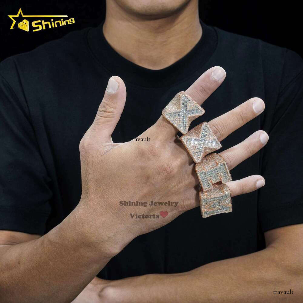 Iced VVS moissanite long stick first letter ring silver 10k 14k real gold hip-hop men's accessory