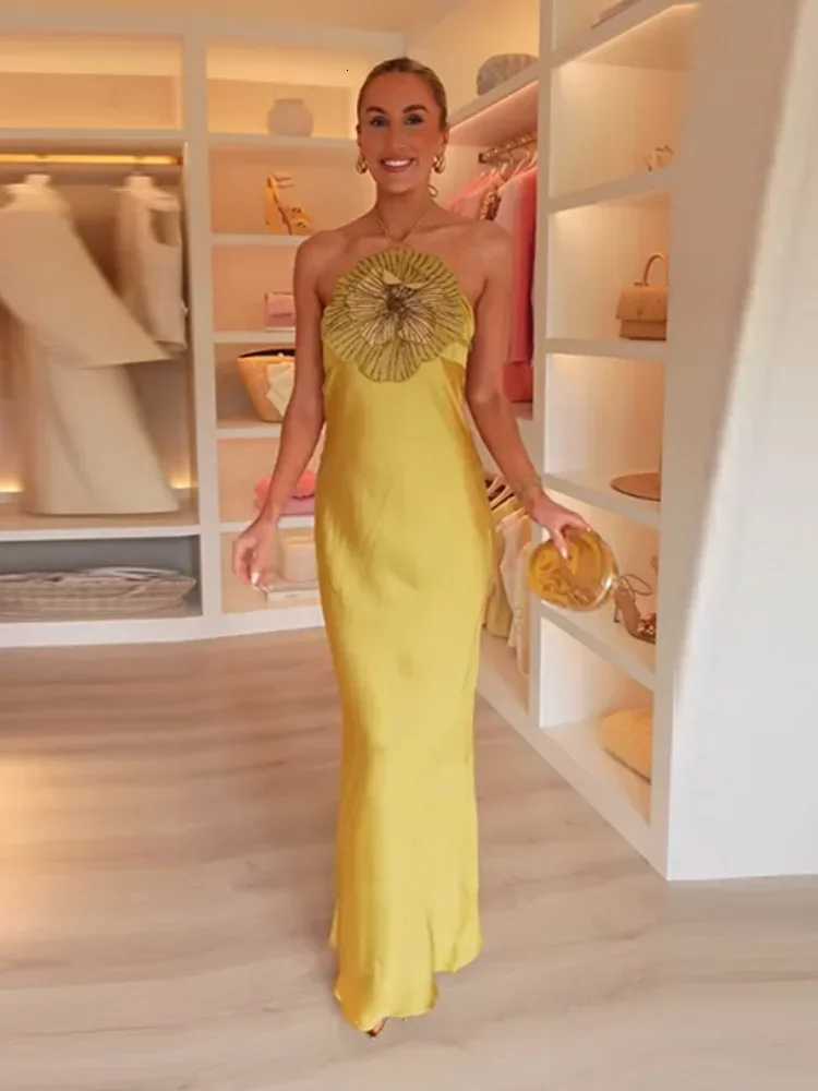 3D Flower Halter Women Maxi Dress Fashion Solid Stain Chic Veless High Waist Slim Long Dress for Women 2025 Summer Evening Dresses XJ250722
