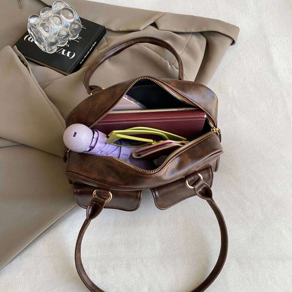 Vintage Women Business Shoulder Bags Simple Ladies Commute Tote Pu Leather 2 Pocket Chic Female Underarm Hand Bag Handbags