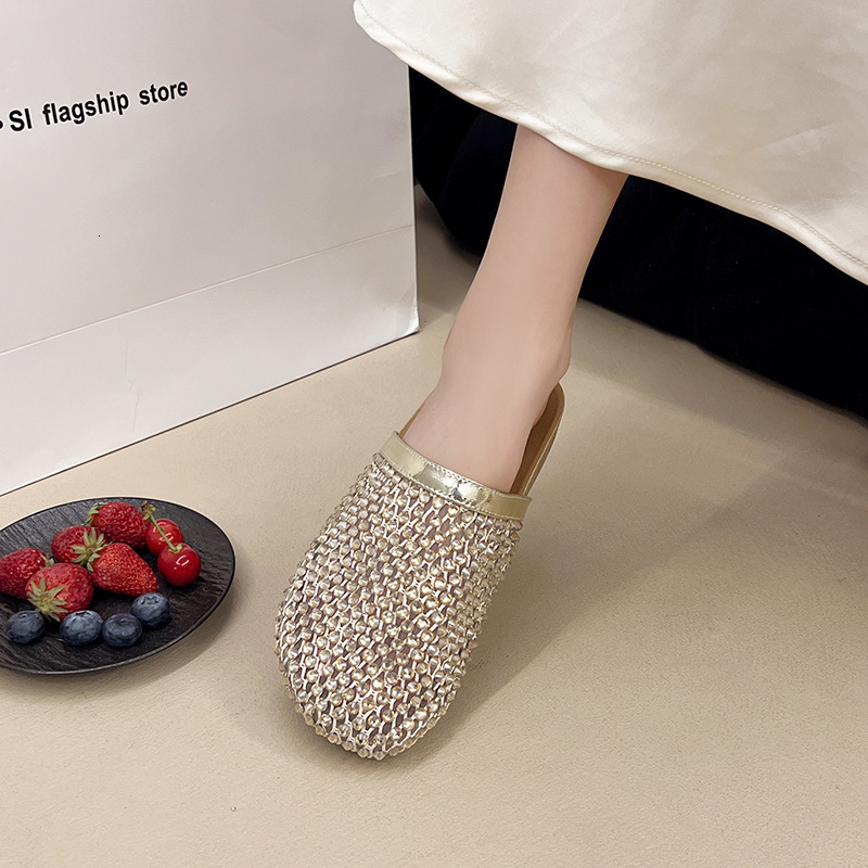 Luxury Brand Designer Shoes French Style Rhinestone Flat Slippers For Women 2025 New Retro Fashion Elegant Comfortable Closed-Toe Half Slippers With D