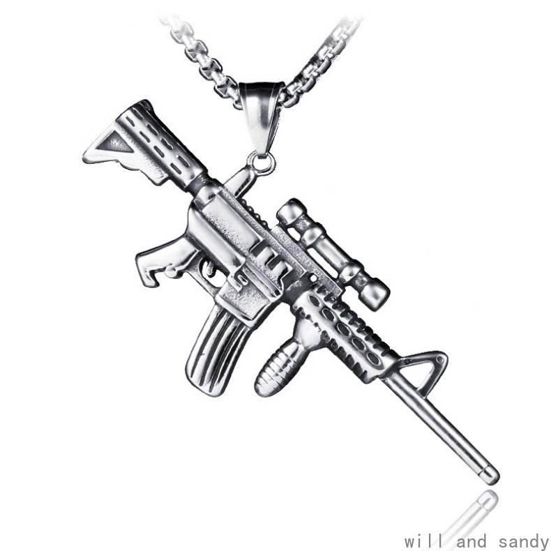 Non Tarnish Stainless Steel Machine Gun Necklace Hip Hop Chain Bird Owl Lion Dinosaur Skull Wings Pendant Fashion Jewelry for Men Anniversary Father B