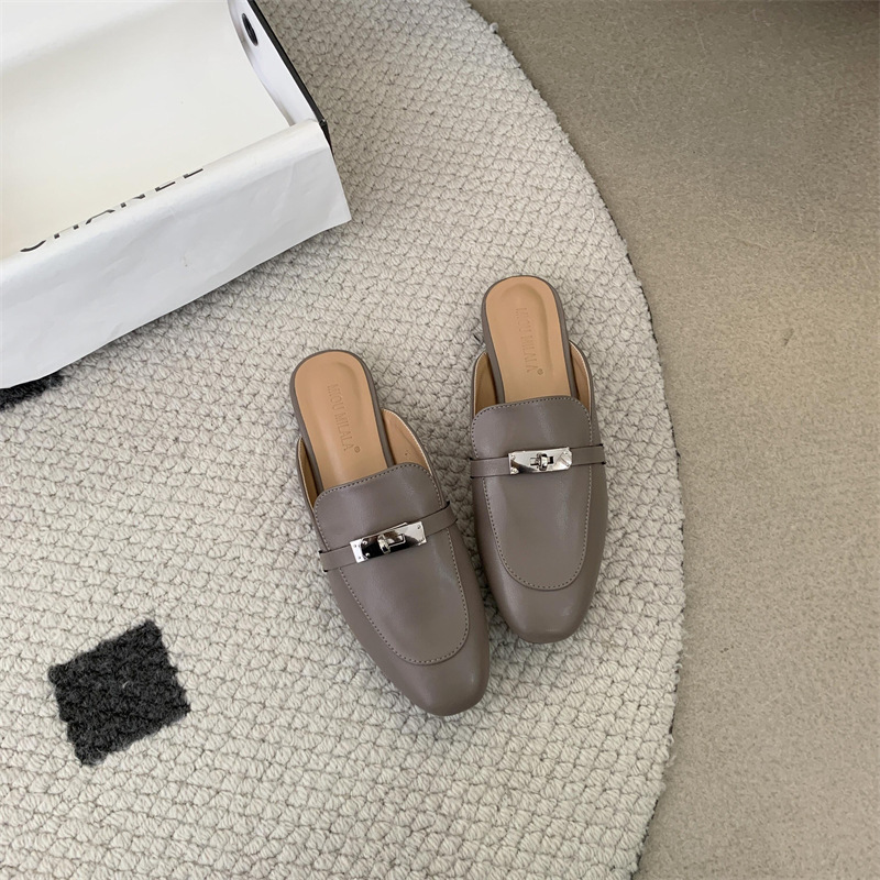 French cowhide sandals toe semi-slippers women's wears spring and summer lazy casual one-footed muller commuter shoes2025