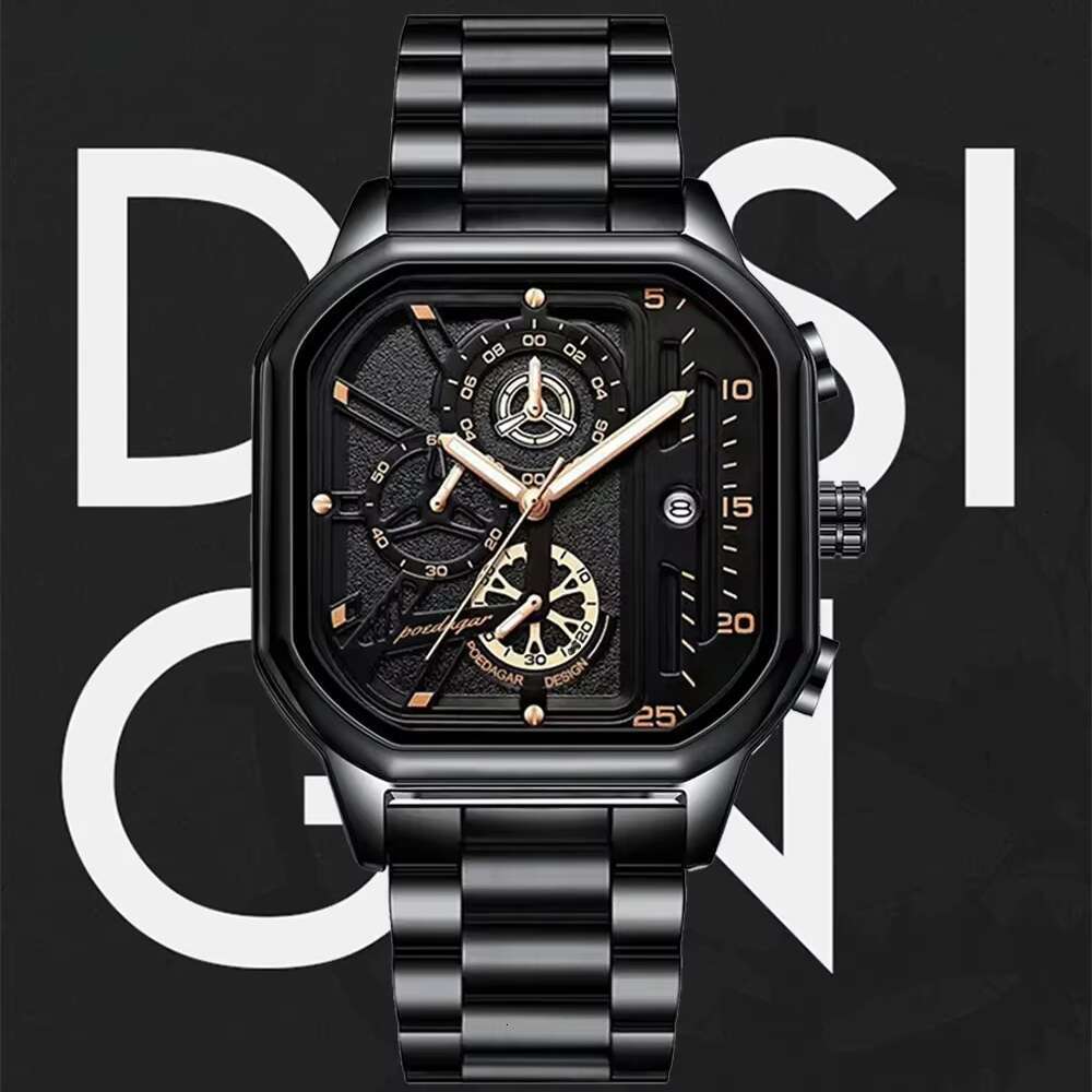 DHwatches POEDAGAR Men's Sports Chronograph Watch - 50M Waterproof, Luminous, Square Dial, Stainless Steel Band, Multifunction Quartz Watch