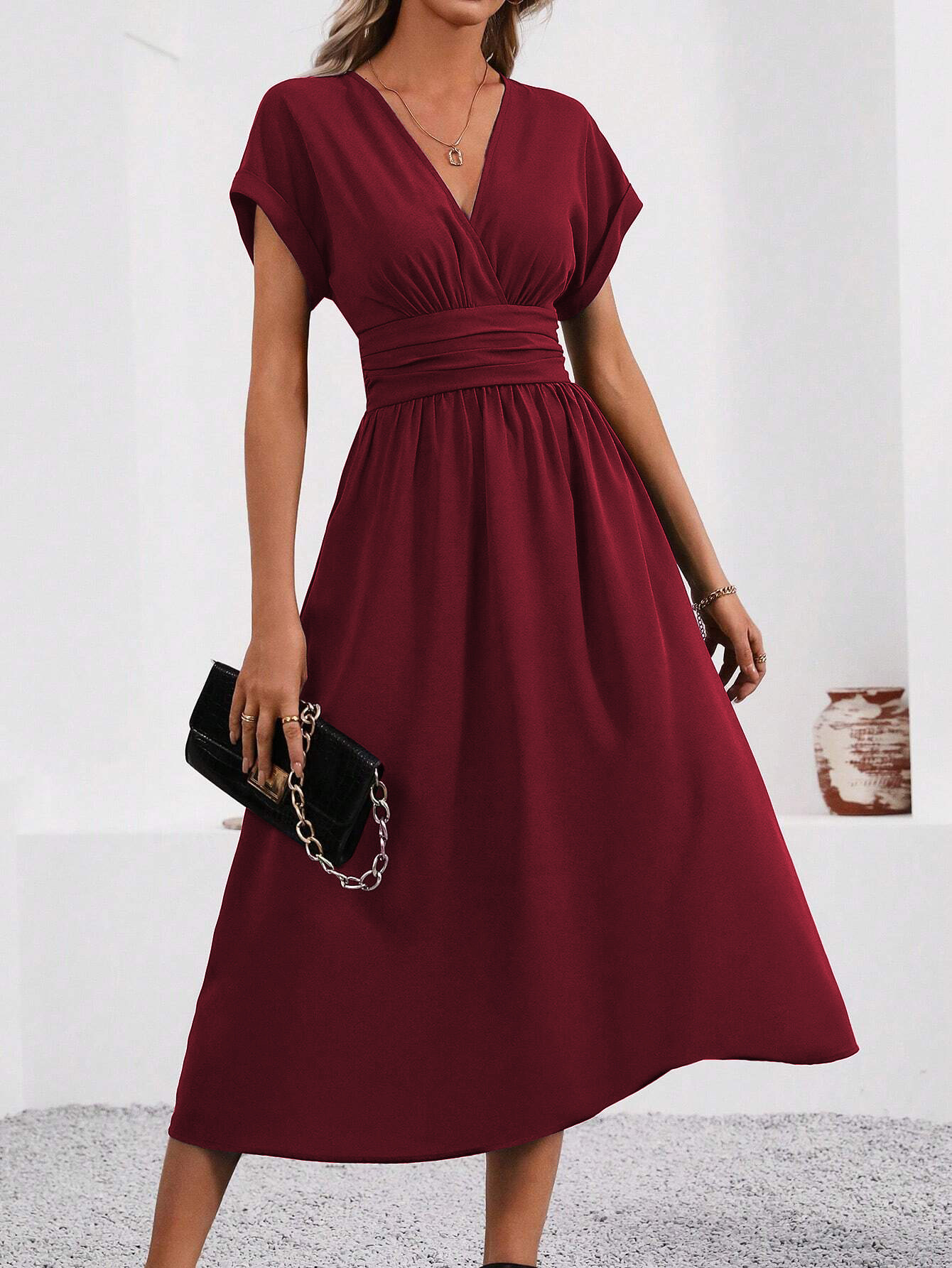 G721Solid Color Overlapping V-Neck Bat Sleeve Waist Pleated Long Elegant Dress