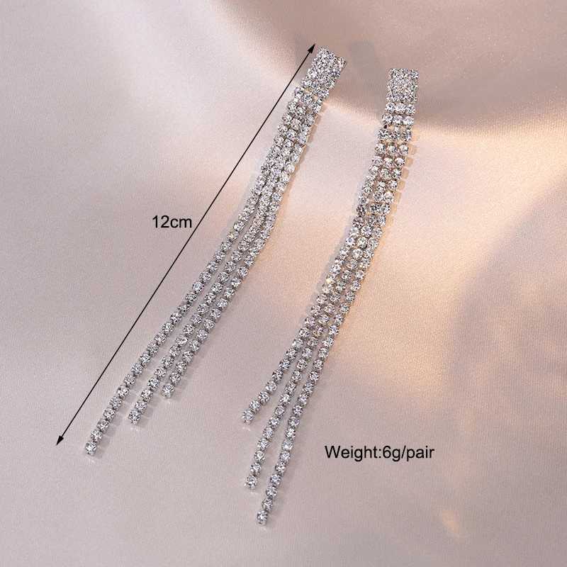 Simple Trend Long Shiny Full Crystal Rhinestone Tassel Earrings For Women Drop Dangle Bridal Wedding Earrings Stud Jewelry Gift XJ250722
