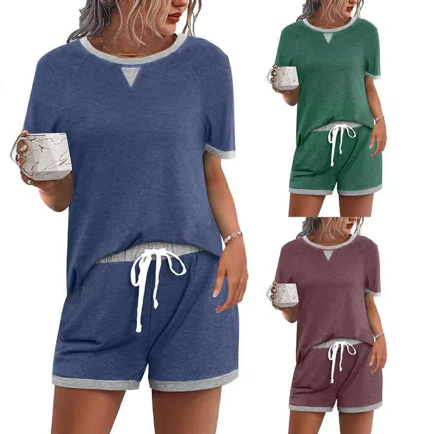 Spring/Summer New Women's Comfortable Casual Color Block T-Shirt Top And Shorts Two-Piece Set B5