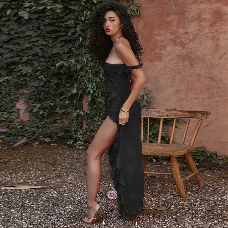 2024 Ele Club Evening Party Dresses Slash Neck Split Red Black Red Long Dresses Giyu Sexy Ruffles Summer Dress for Women XJ250722