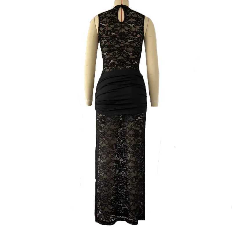 Women Sexy Lace Long Dress Hollow Out Sleeveless High Slit Evening Party Club Dress Vintage Casual Bodycon See Through Dresses XJ250722