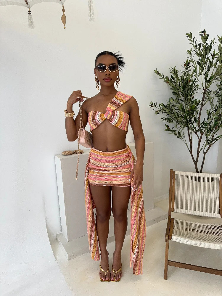 Knit Sequin Sexy One Shoulder Skirt Women Set colorful Crop Top Draped Mini Skirts Slim Bodycon 2 Pieces Sets Lady beachwear 250714