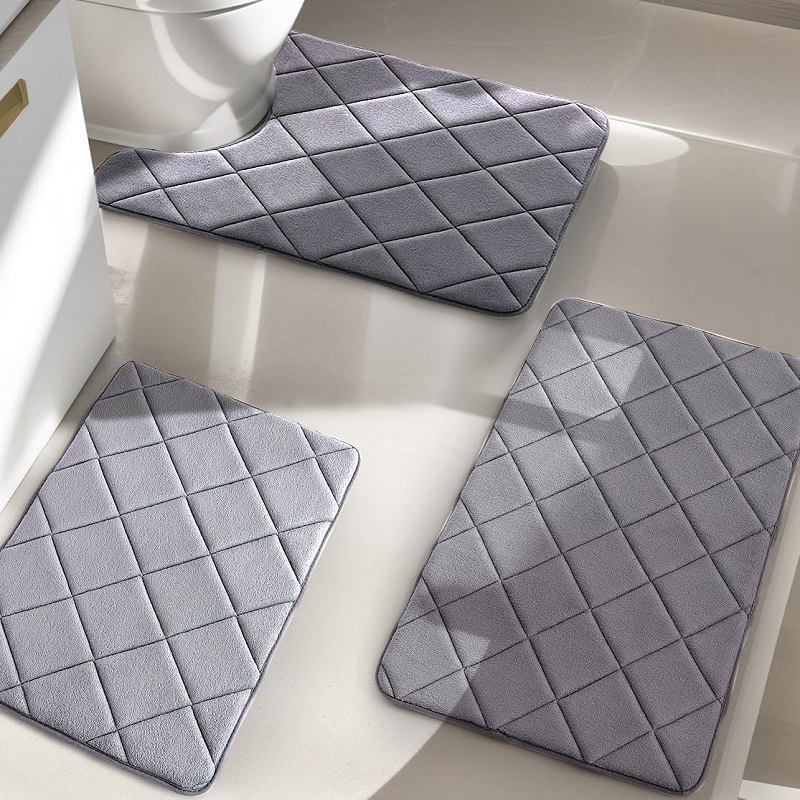 Memory Foam Plaid Quilt Bathroom Rug Set Non-Slip Highly Absorbent Quick-Drying Machine Washable for Toilet Zones Floor (41*61+51*81+51*61cm)