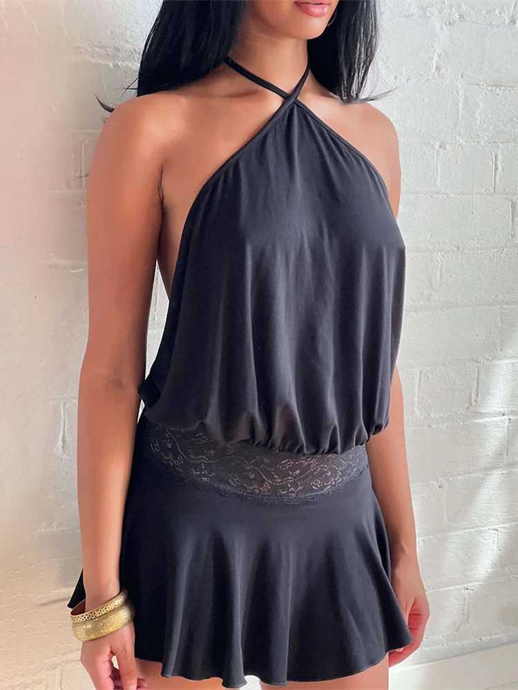 Absobe Halter Sleeveless Patchwork Lace Mini Dress For Women Backless Slim A-Line Short Dress Y2K Sexy Vacation Beach Streetwear XJ250722