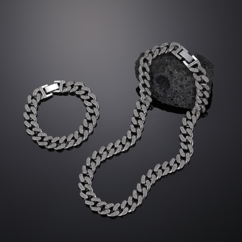 Hip Hop Inspired Mens Solid Silver Look Cuban Link Necklaces with Glittering CZ Stones & Secure Clasp Fastening