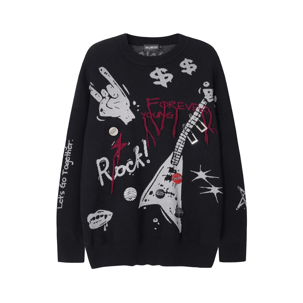 High Street Letter Graffiti Baggy Pullover Sweater for Men and Women Round Neck Black Gray Knitted Wool Sweaters Oversized 250717