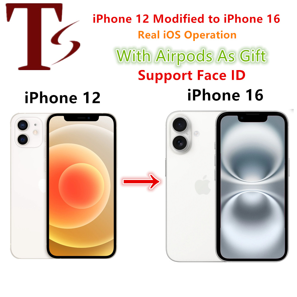 Apple Original iphone 12 converted to iphone 16 style phone network Unlocked with iphone 16 box&Camera appearance 3G RAM 64GB/128GB/256GB ROM support face id