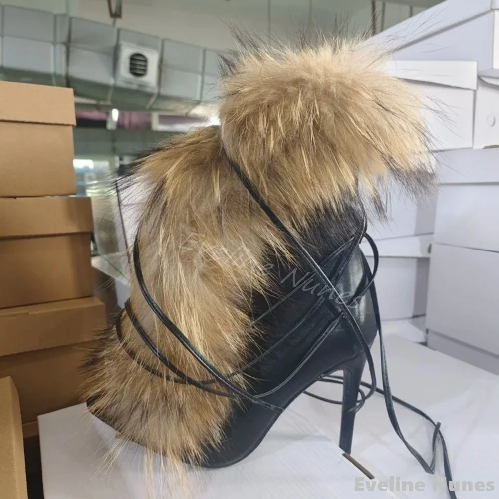 Furry Cross Straps Ankle Boots Women Black Leather Pointed Toe Stiletto Heel Mid Calf Boots Winter Catwalk Party Boots 250717