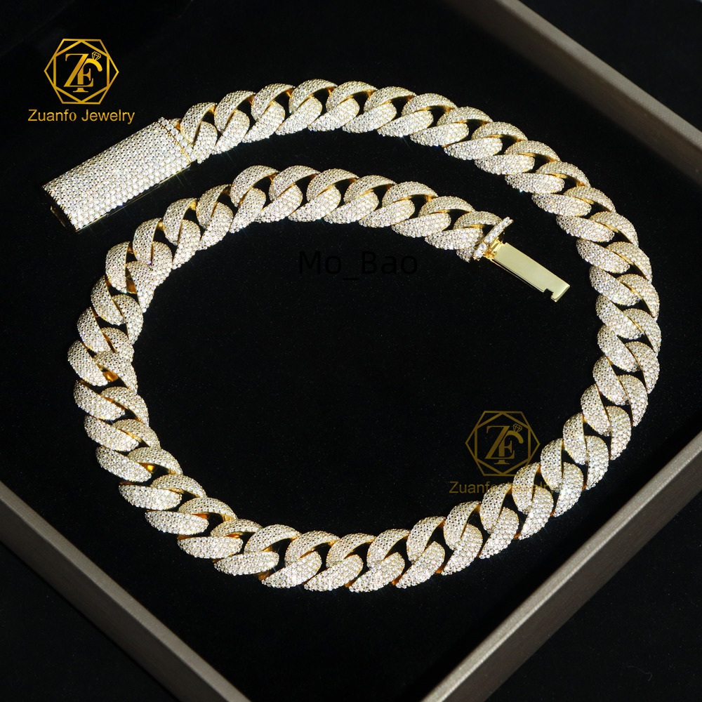 Custom 15mm 4-Row Moissanite Diamond Cuban Link Necklace for Men Women 925 Silver Iced Miami Cuban Chain Passes Diamond Tester