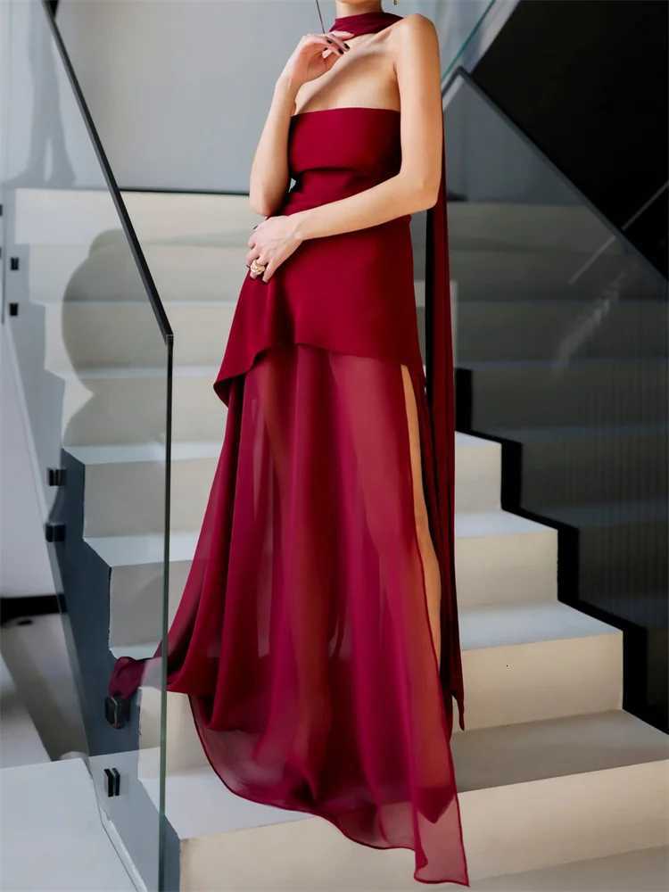 Women Strapless Dress Off Shoulder Sleeveless Open Back High Split Long Dress with Scarf for Evening Party XJ250722