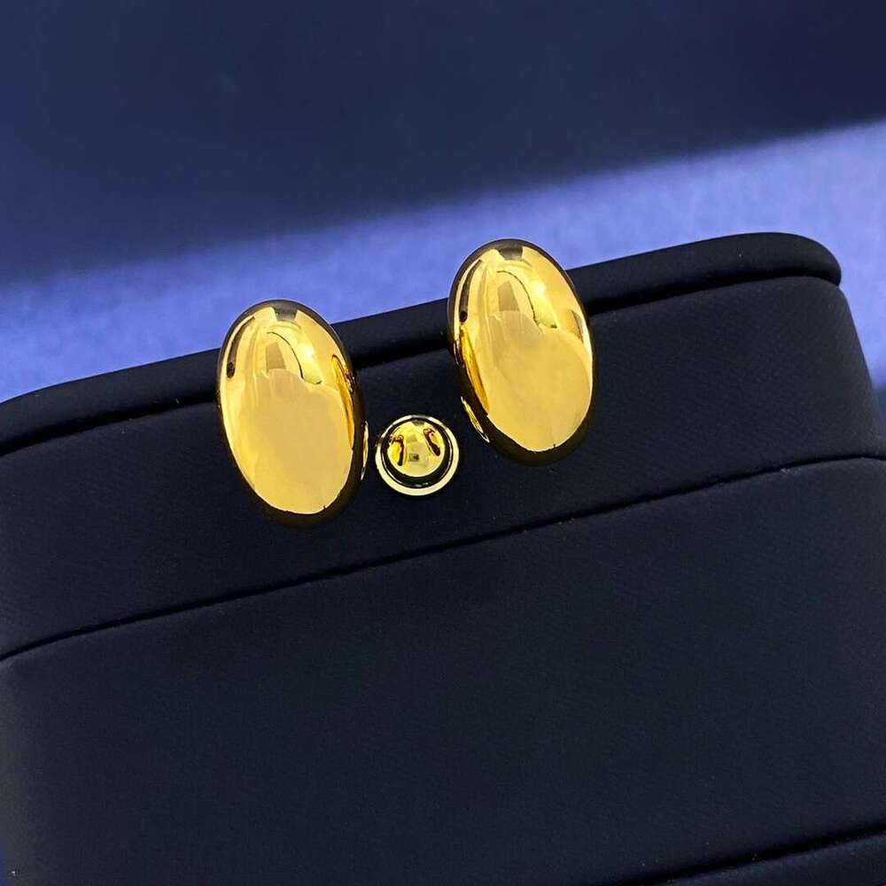 Heavy Craft Solid Minimalist Metal Glossy Gold Oval Stud Personality Classic Earrings for Women