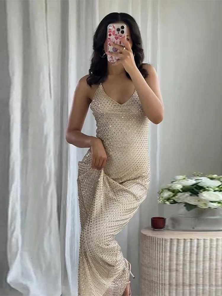 Luxury Womens Sleeveless Maxi Dress With Sparkly Rhinestones Sexy Deep-V Backless Dresses Summer Party Streetwear Outfit Robe XJ250722