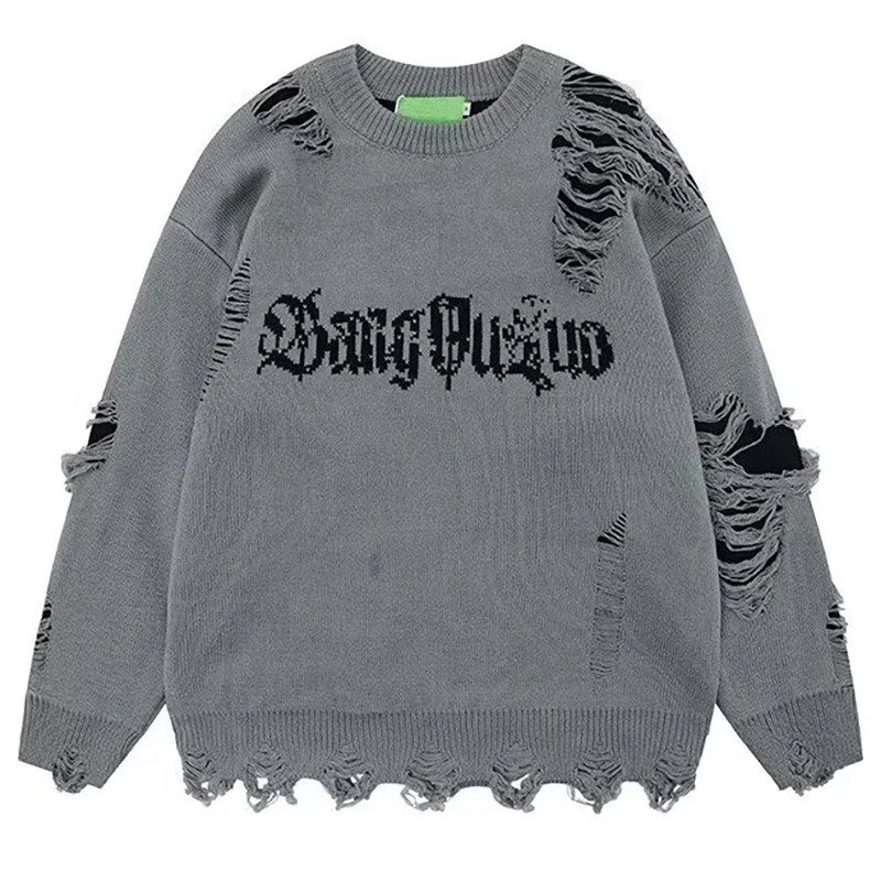 Hole Sweater Male Autumn Vintage High Street Gothic Dark Pullover Round-Neck Knit n Irregular Letters Oversize Sweater 250717