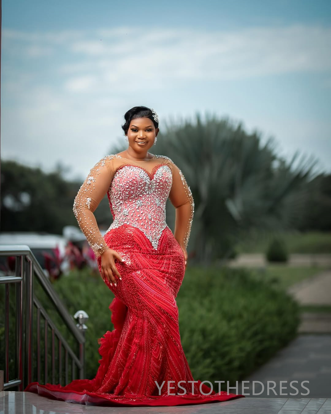 2025 Plus Size Red Prom Dress For Black Women Mermaid Evening Dresses Robe De Soiree Sheer Neck Long Sleeves Beaded Lace Birthday Dress Second Recepti