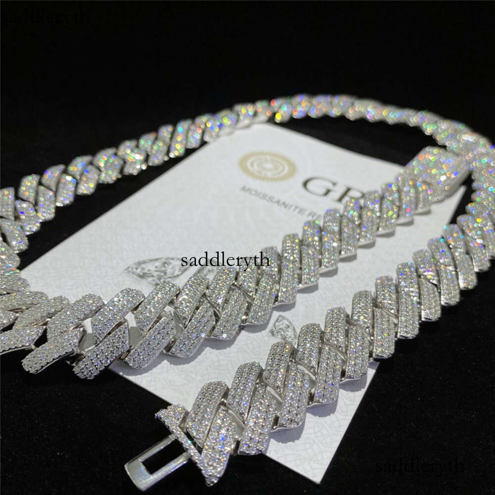 necklace moissanite cuban link chain 3row Dia 18mm Sterling Sier Moissanite Cuban Chain Necklace Hip Hop Fashion Mens