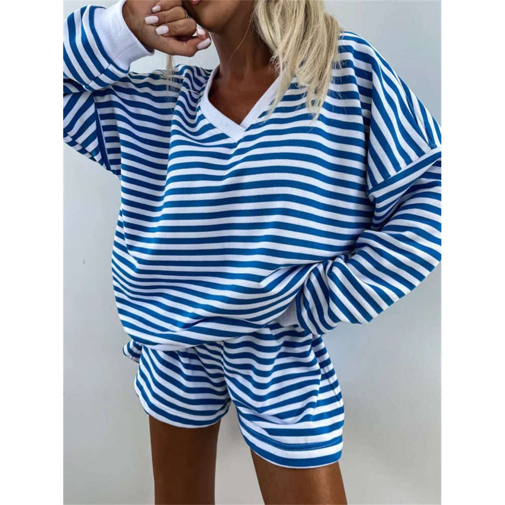 Summer New Women's Casual Striped Long Sleeve V-Neck Loose Top Sports Shorts 2-Piece Set For Women B5