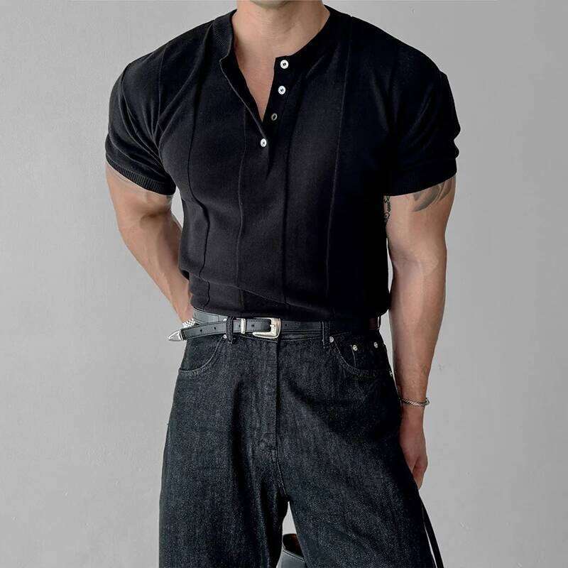 New Fashion Men Henry Collar T-Shirt Leisure Knit Short Sleeve Tops Korean Style Summer Stretchy Breathable Fiess Tees