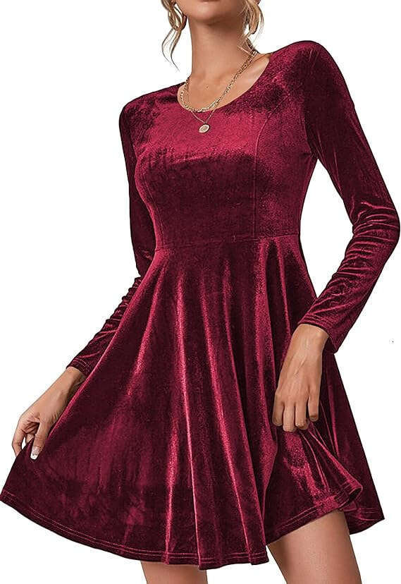 Autumn Winter New Women's Long Sleeve Round Neck Flared Velvet Dress Black Green B5
