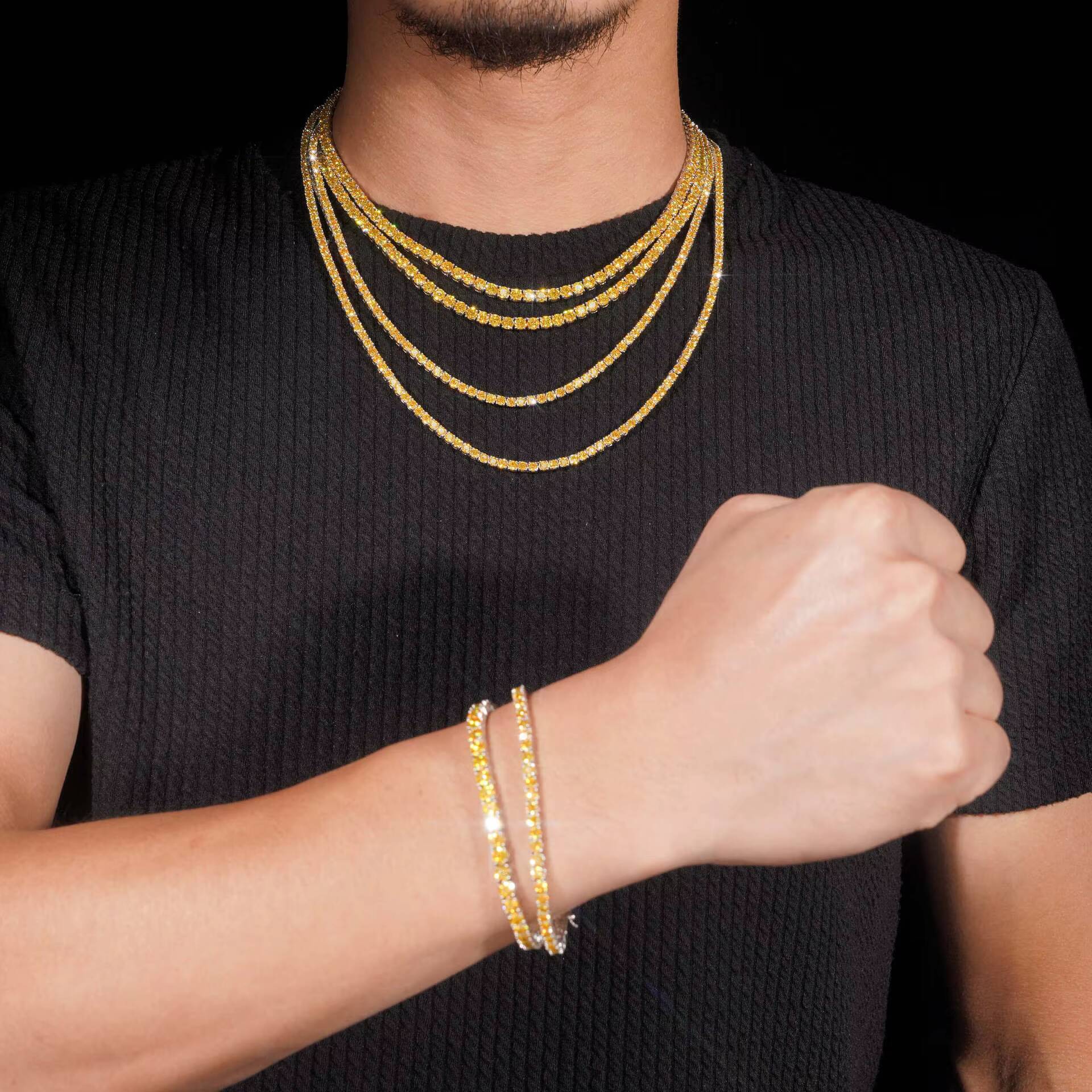 Hip Hop Fine Jewelry 925 Sterling Silver 3mm Iced Out Yellow Moissanite Tennis Chain Necklace for Man Gift