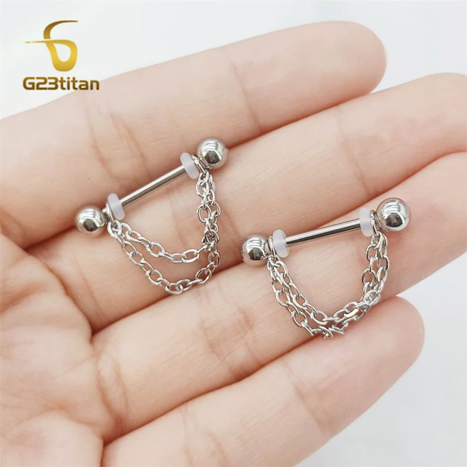 2pc Stainless Steel Chain Charm Dangle Nipple Rings Ear Cartilage Helix Earring 14G 16G Barbell Chest Piercing Jewelry 250722