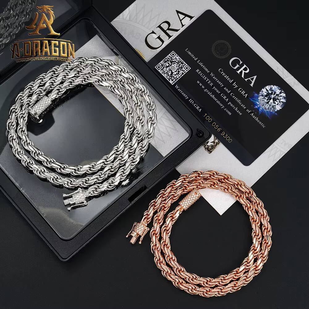 Luxury Diamond Cut Rose Gold Plated 925 Silver Moissanite Diamond Rope Chain