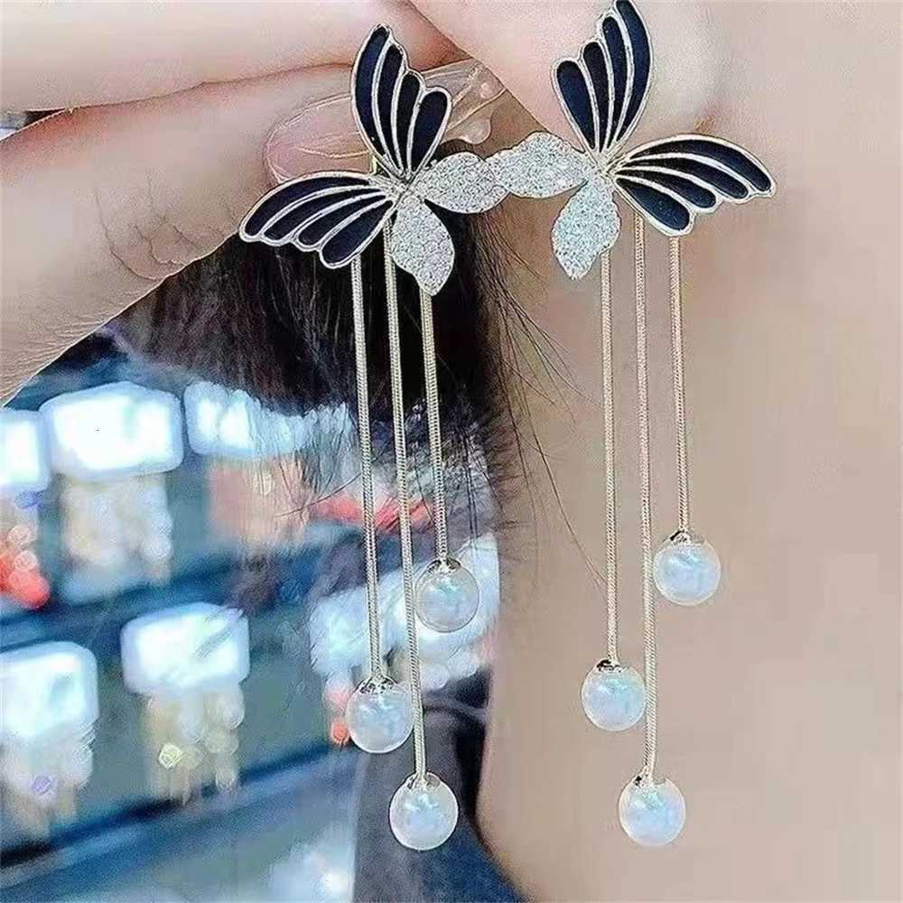 Korean Black Crystal Butterfly Pearl Tassel Earrings Fashion Punk Silver Color Long Chain Stud Earring Jewelry Gifts for Women XJ250722