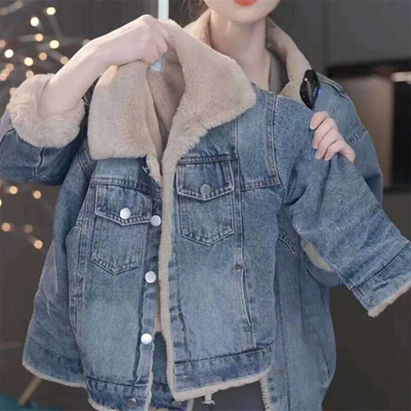 Girls Plus Veet Thick Denim Jacket Winter Warm Padded Coat Children's Loose Lapel Outerwear New Casual Parkas 4-12 Years Old