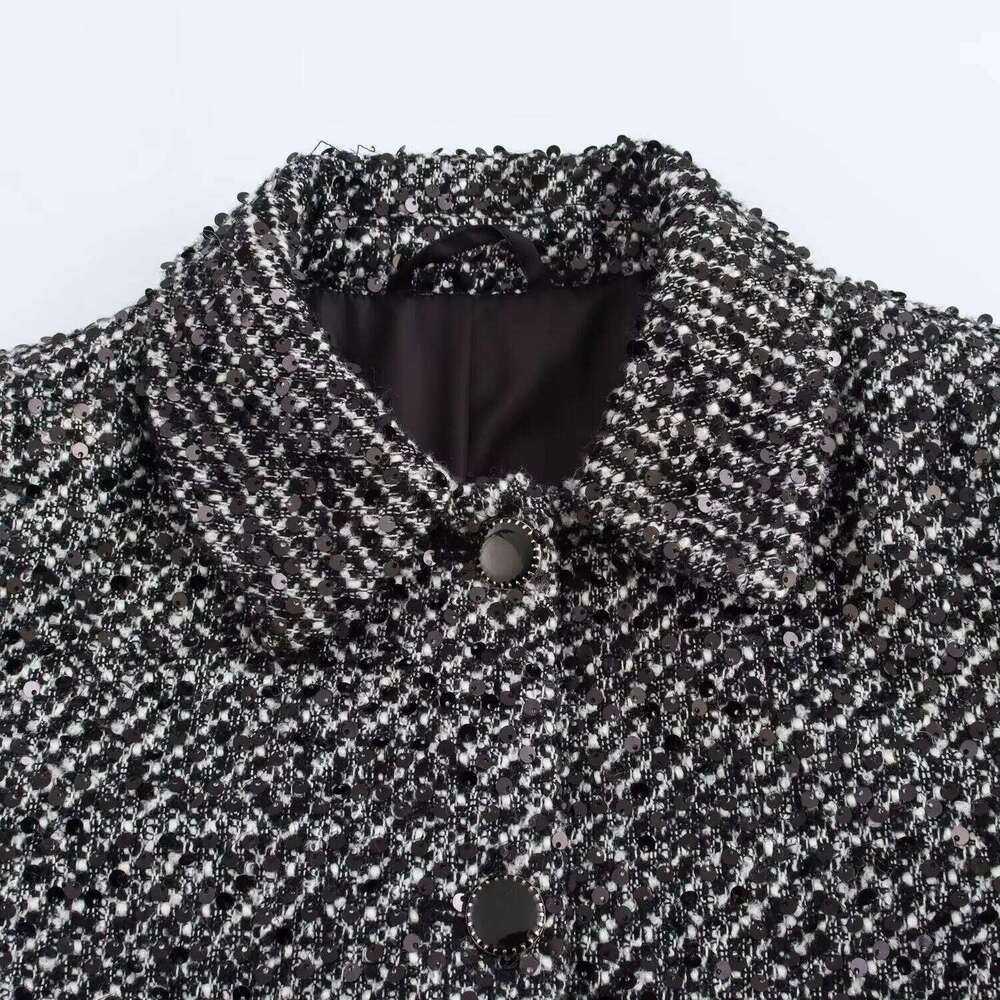 hoodie Autumn Sequined Gingham Women Button Jacket Streetwear Fashion Vintage Turn-down Collar Chic Straight Outwear jacket