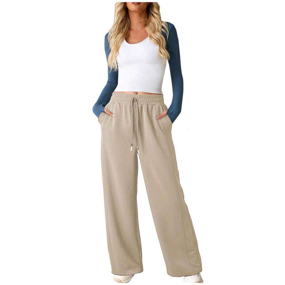 Women's Flowy Casual Straight Elastic Waist Drawstring Wide-Leg Pants B5